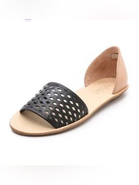 Loeffler Randall Black Tan Laser Cut Diamond Single Strap Flat Sandals